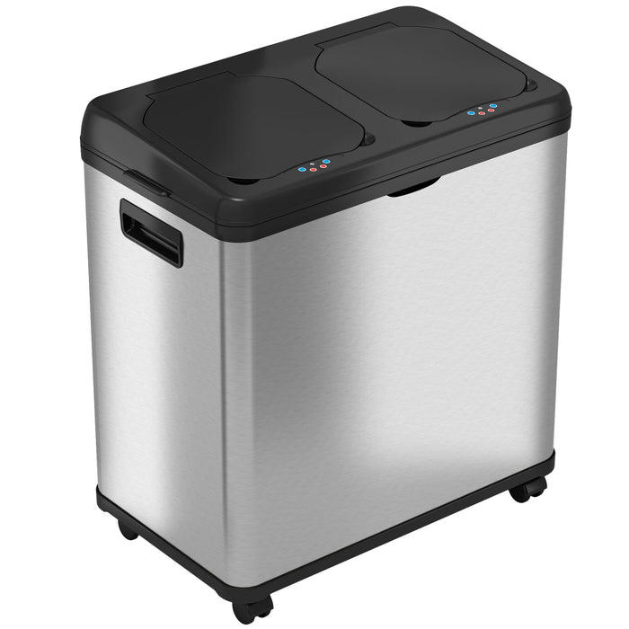 HLS Commercial 16 Gallon / 61 Liter Stainless Steel Combo Sensor Commercial Recycle Bin and Trash Can with Wheels