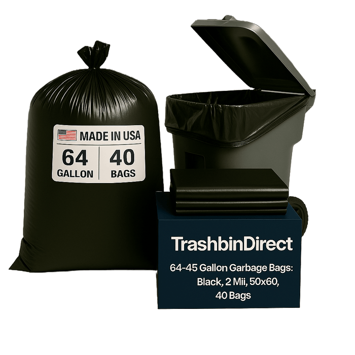 64 Gallon Garbage Bags: Black, 2 Mil, 50x60, 40 Bags/Case.