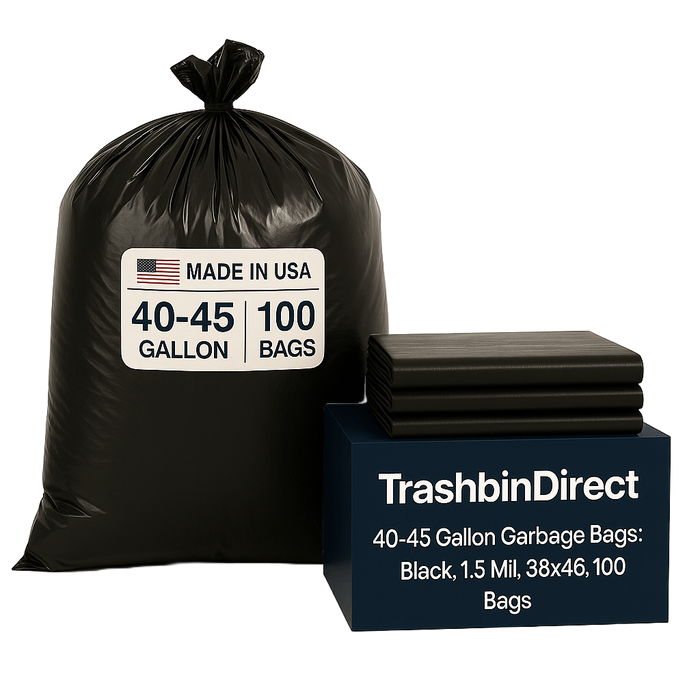 40-45 Gallon Garbage Bags: Black, 1.5 Mil, 38x46, 100 Bags.