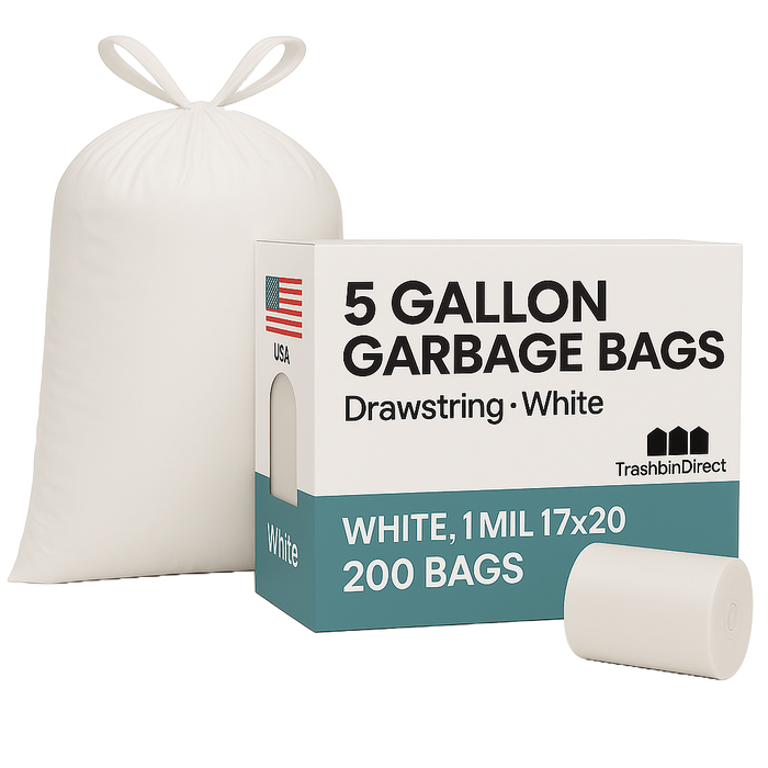 5 Gallon Garbage Bags, Drawstring: White, 1 MIL, 17x20, 200 Bags.