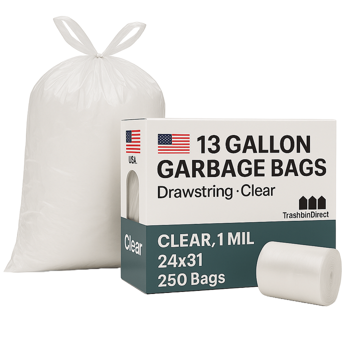 13 Gallon Garbage Bags, Drawstring :Clear, 1 MIL, 24x31, 250 Bags.