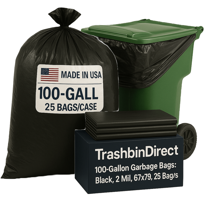 100 Gallon Garbage Bags: Black, 2 Mil, 67x79, 25 Bags/Case.