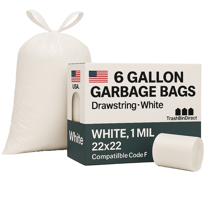 6 Gallon Garbage Bags, Drawstring: White, 1 MIL, 22x22, Compatible Code F