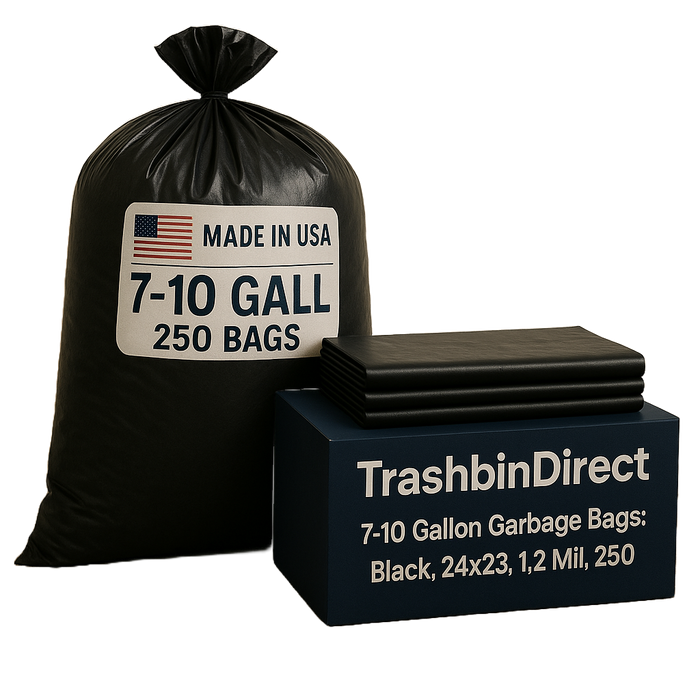 7-10 Gallon Garbage Bags: Black, 24x23, 1.2 Mil, 250 Bags.