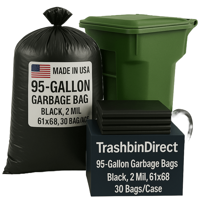 95 Gallon Garbage Bags: Black, 2 Mil, 61x68, 30 Bags/Case.