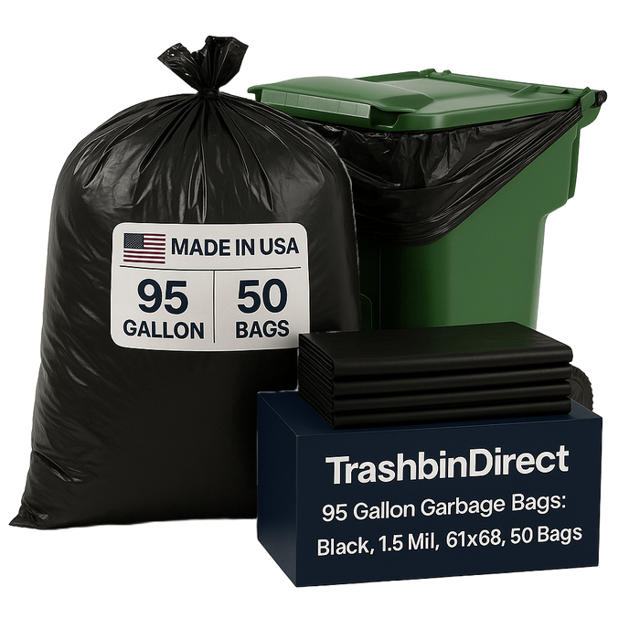 95 Gallon Garbage Bags: Black, 1.5 Mil, 61x68, 50 Bags/Case.