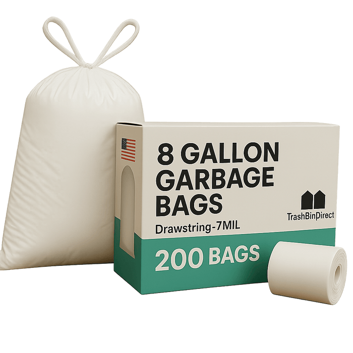 8 Gallon Garbage Bags, Drawstring: White, .7 MIL, 22x22, 200 Bags.