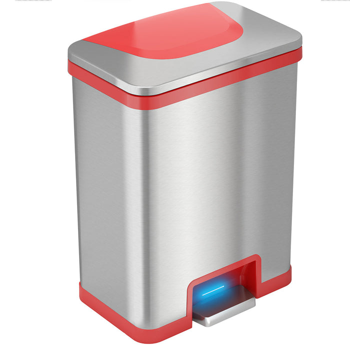 HLS Commercial 13 Gallon Stainless Steel Pedal-Sensor Commercial Trash Can with Odor Filter (Red Trim)