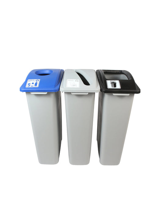 Busch Systems WASTE WATCHER - Triple - Kit - Cans & Bottles-Paper-Waste - Circle-Slot-Full - Grey-Blue-Grey-Black
