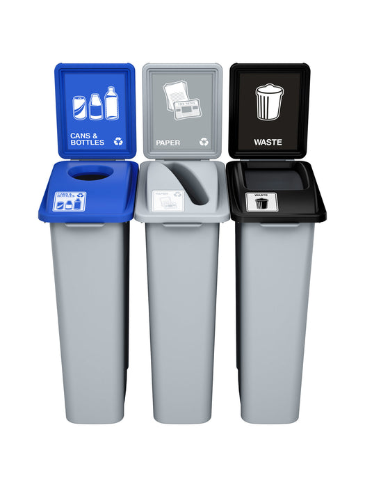 Busch Systems WASTE WATCHER - Triple - Kit - Cans & Bottles-Paper-Waste - Circle-Slot-Full - Grey-Blue-Grey-Black