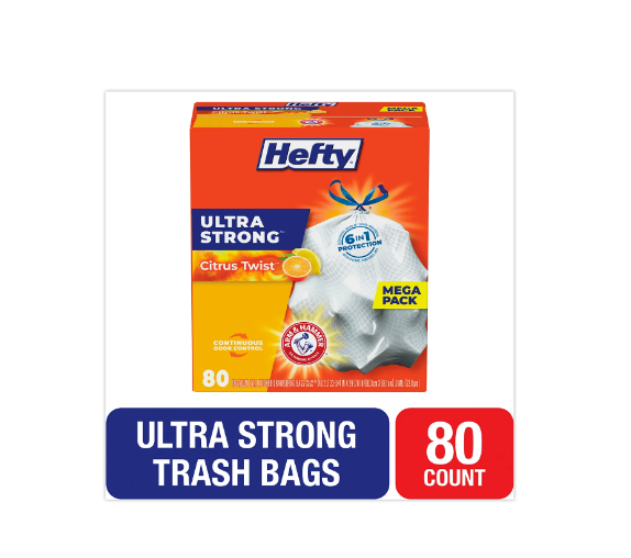 Hefty® Ultra Strong Scented Tall White Kitchen Bags, 13 gal, 0.9 mil, 80/Box