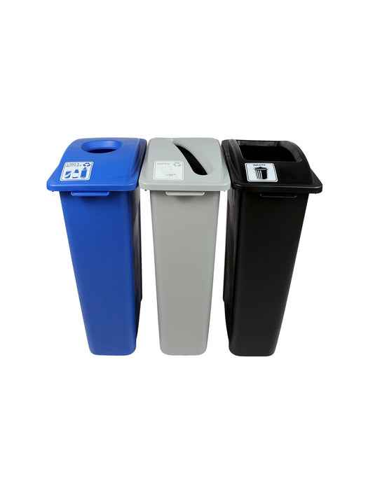 Busch Systems WASTE WATCHER - Triple - Kit - Cans & Bottles-Paper-Waste - Circle-Slot-Full - Blue-Grey-Black