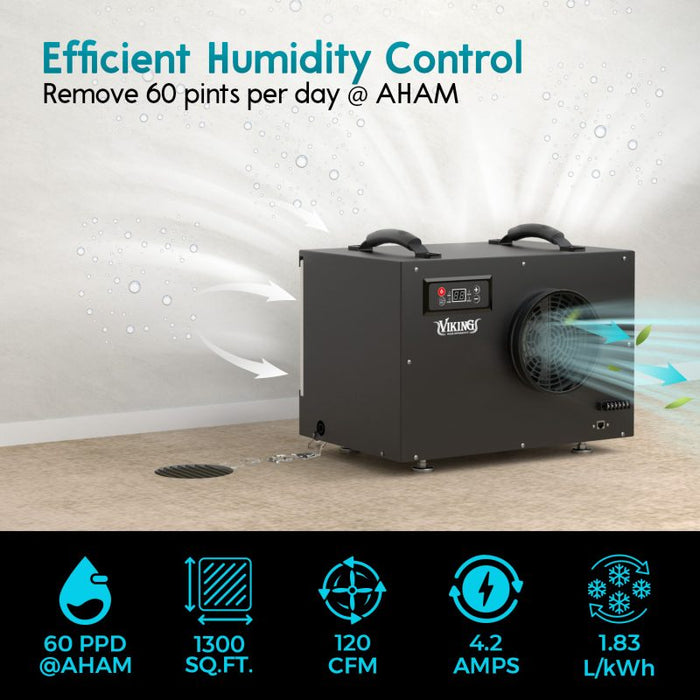 XPOWER Viking BD-65 120-Pint Commercial Dehumidifier with Pump & Drain Hose – Crawlspace, Basement, Attic Use