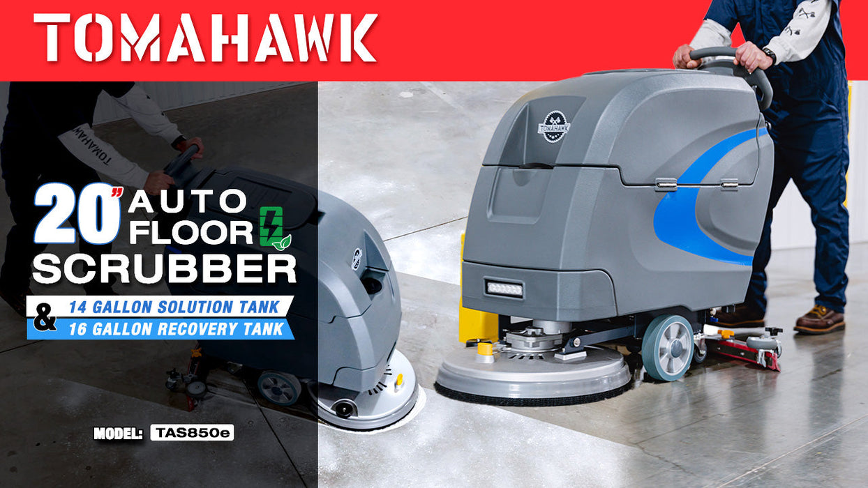 Tomahawk 20” Auto Floor Scrubber Cleaner with Power Mop Brush Squeegee Cordless 24V Battery Powered TAS850e