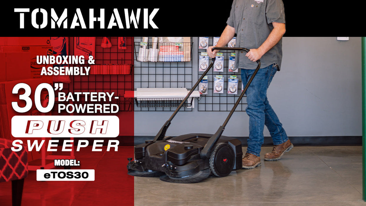 Tomahawk 30" Battery Powered Push Sweeper with Triple Power Brooms Electric Drive and Dust Suppression eTOS30