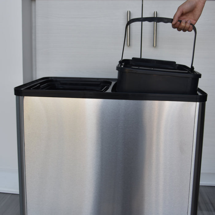 HLS Commercial 16 Gallon / 61 Liter Stainless Steel Combo Sensor Commercial Recycle Bin and Trash Can with Wheels