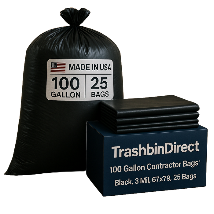 100 Gallon Contractor Bags: Black, 3 Mil, 67x79, 25 Bags/Case.