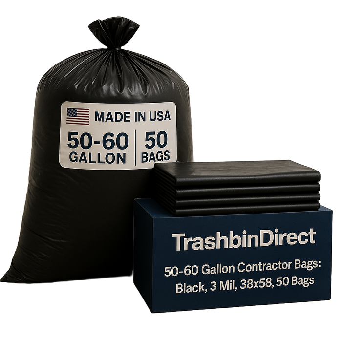 50-60 Gallon Contractor Bags: Black, 3 Mil, 38x58, 50 Bags.