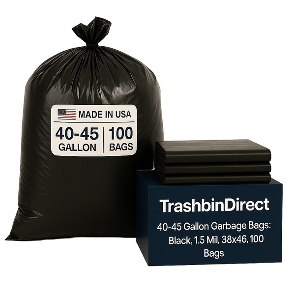 40-45 Gallon Garbage Bags: Black, 1.5 Mil, 38x46, 100 Bags.