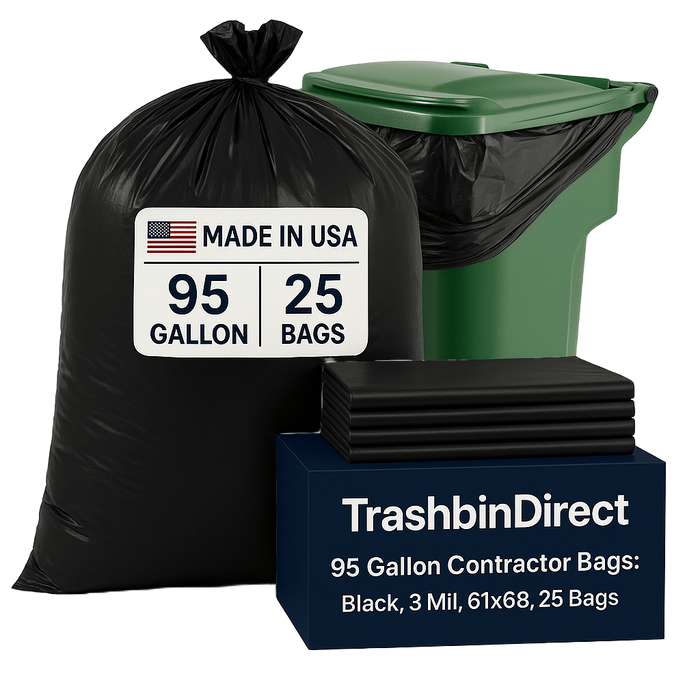 95 Gallon Contractor Bags: Black, 3 Mil, 61x68, 25 Bags/Case.
