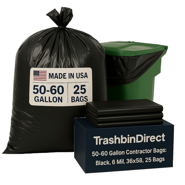 50-60 Gallon Contractor Bags: Black, 6 Mil, 36x58, 25 Bags.