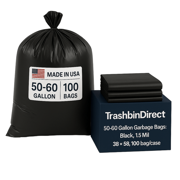 50-60 Gallon Garbage Bags: Black, 1.5 Mil, 38x58, 100/ Case.
