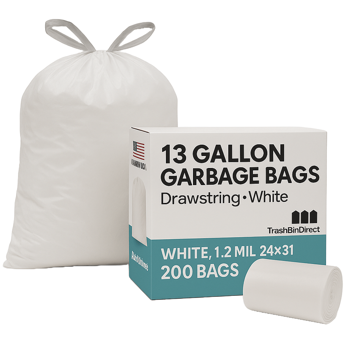 13 Gallon Garbage Bags, Drawstring: White, 1.2 MIL, 24x31, 200 Bags.