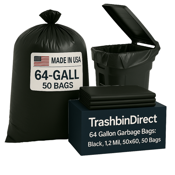 64 Gallon Garbage Bags: Black, 1.2 Mil, 50x60, 50 Bags.