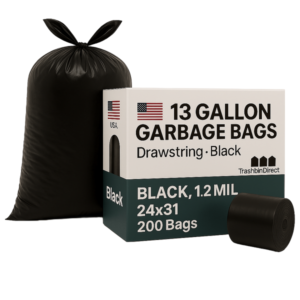 13 Gallon Garbage Bags, Drawstring: Black,  1.2 MIL, 24x31, 200 Bags.