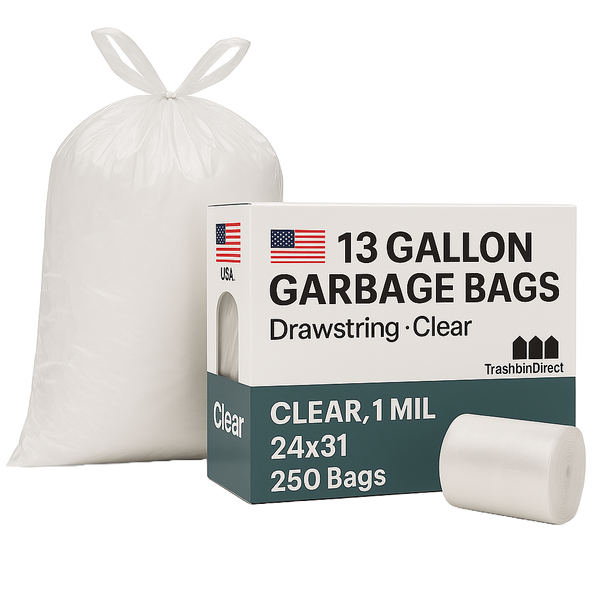 13 Gallon Garbage Bags, Drawstring :Clear, 1 MIL, 24x31, 250 Bags.