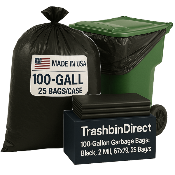 100 Gallon Garbage Bags: Black, 2 Mil, 67x79, 25 Bags/Case.