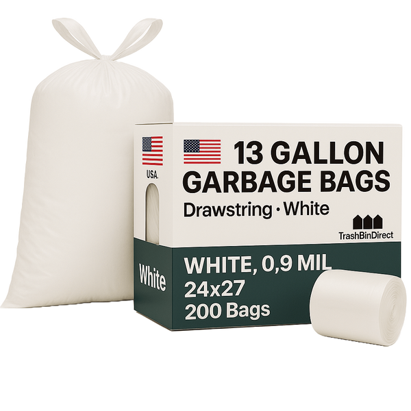 13 Gallon Garbage Bags, Drawstring: White, 0.9 MIL, 24x27, 200 Bags.