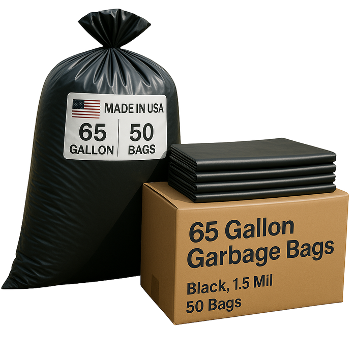 65 Gallon Garbage Bags: Black, 1.5 Mil, 50X48, 50 Bags.