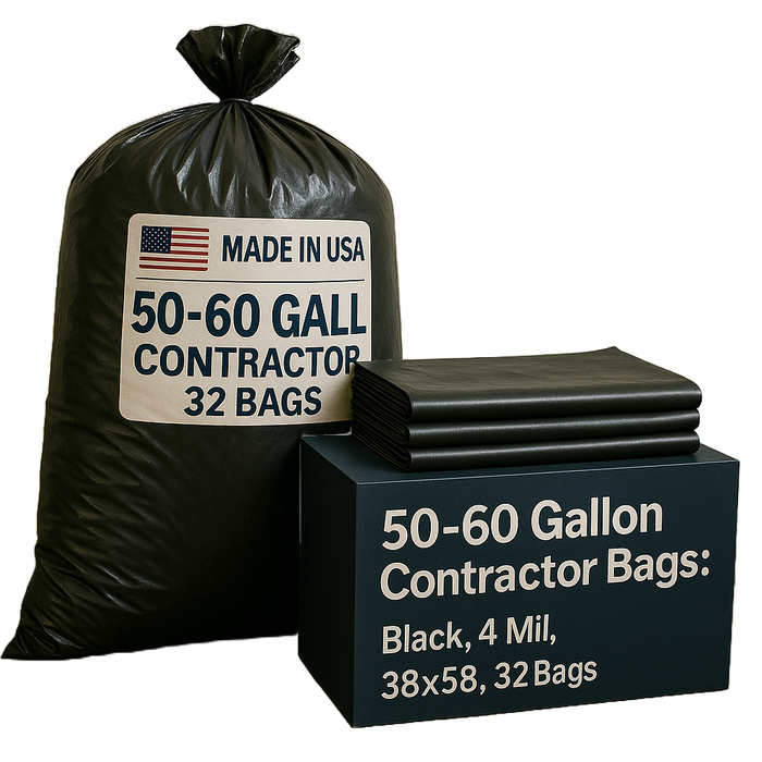 50-60 Gallon Contractor Bags: Black, 4 Mil, 38x58, 32 Bags.