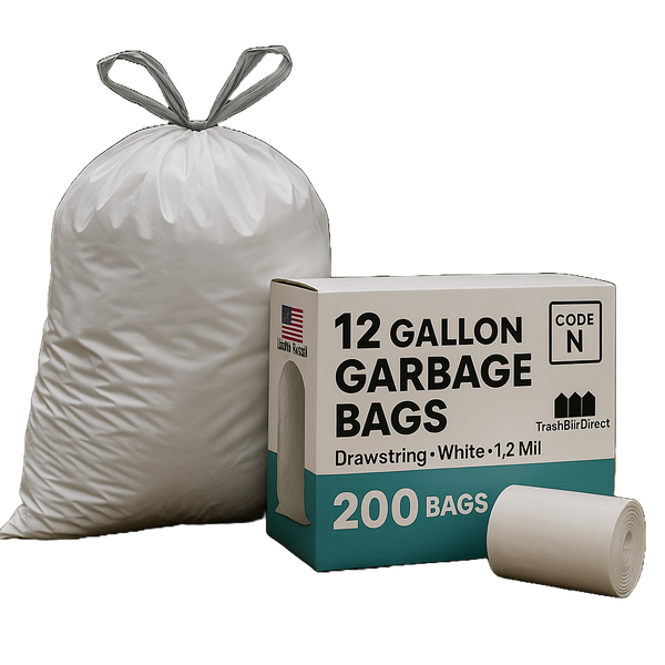 12 Gallon Garbage Bags, Drawstring: White,1.2 Mil, 22.75 x 31.5, 200 Bags, CODE N