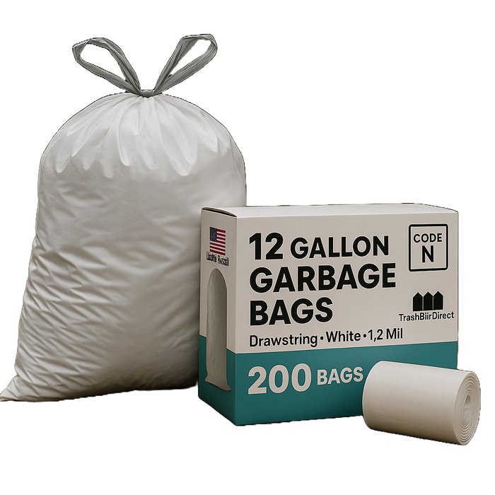 12 Gallon Garbage Bags, Drawstring: White,1.2 Mil, 22.75 x 31.5, 200 Bags, CODE N