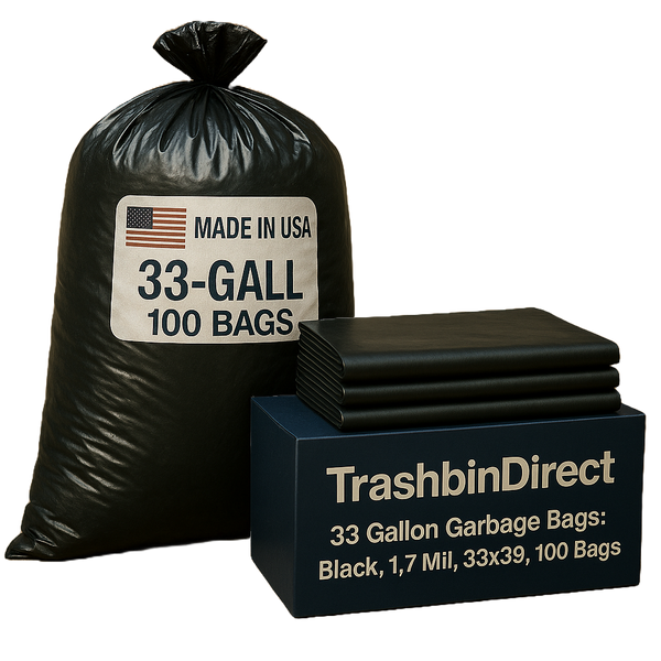 33 Gallon Garbage Bags: Black, 1.7 MIL, 33x39, 100 Bags.