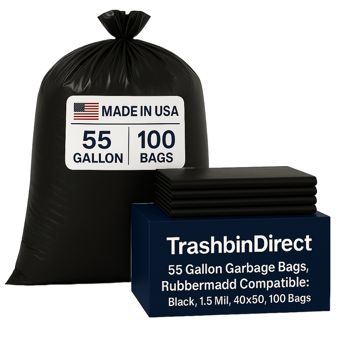 55 Gallon Garbage Bags, Rubbermade Compatible: Black, 1.5 Mil, 40x50, 100 Bags.