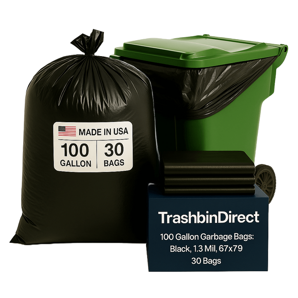 100 Gallon Garbage Bags: Black, 1.3 Mil, 67x79, 30 Bags/Case.
