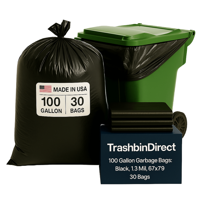 100 Gallon Garbage Bags: Black, 1.3 Mil, 67x79, 30 Bags/Case.