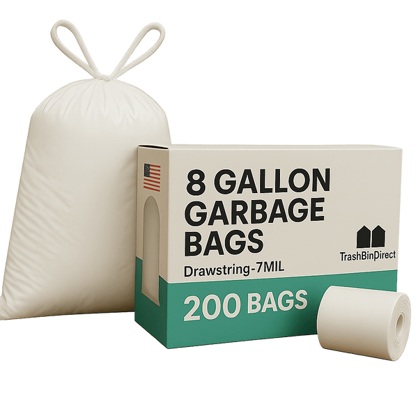 8 Gallon Garbage Bags, Drawstring: White, .7 MIL, 22x22, 200 Bags.