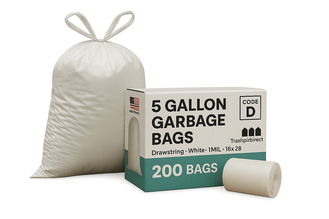 5 Gallon Garbage Bags, Drawstring: White, 1 MIL, 16x28, Code D