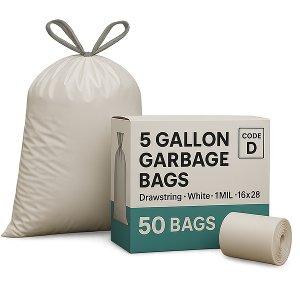 5 Gallon Garbage Bags, Drawstring: White, 1 MIL, 16x28, Code D