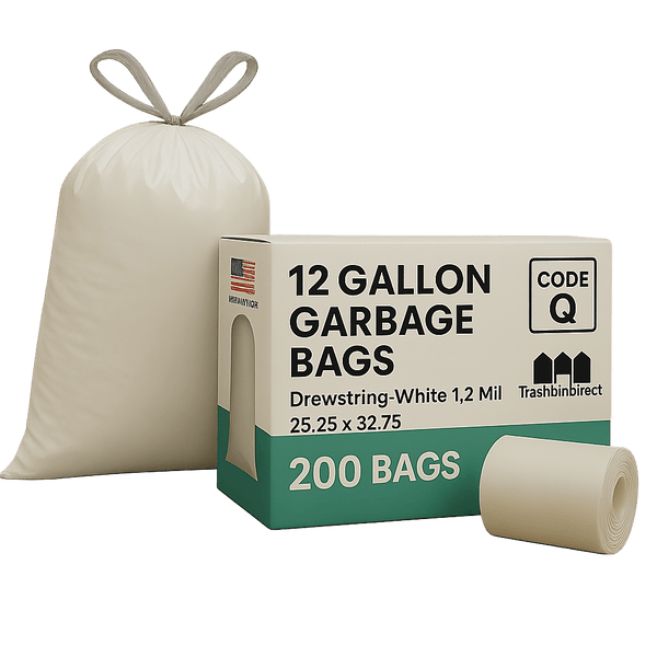 12 Gallon Garbage Bags, Drawstring: White,1.2 Mil, 25.25 x 32.75, CODE Q