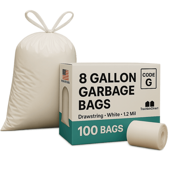 8 Gallon Garbage Bags, Drawstring: White, 1.2 MIL, 17.5x28, 100 BAGS, CODE G