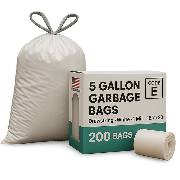 5 Gallon Garbage Bags, Drawstring: White, 1 MIL, 18.7x20, CODE E