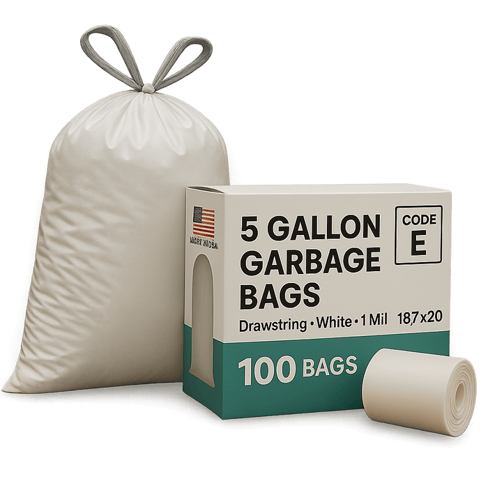 5 Gallon Garbage Bags, Drawstring: White, 1 MIL, 18.7x20, CODE E