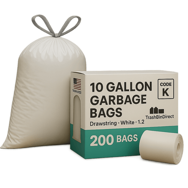10 Gallon Garbage Bags, Drawstring: White, 1.2 Mil, 24.4 x 28, CODE K
