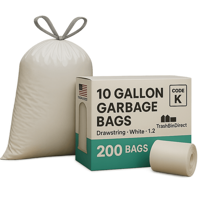 10 Gallon Garbage Bags, Drawstring: White, 1.2 Mil, 24.4 x 28, CODE K