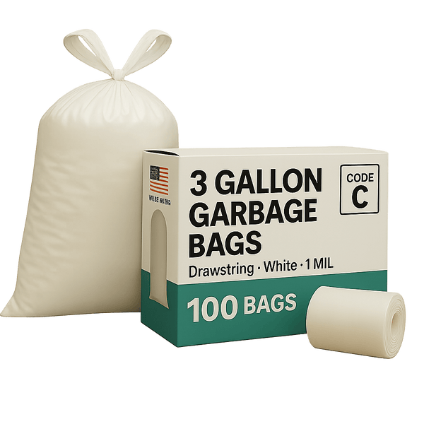 3 Gallon Garbage Bags, Drawstring: White, 1 MIL, 14.75x20, CODE C